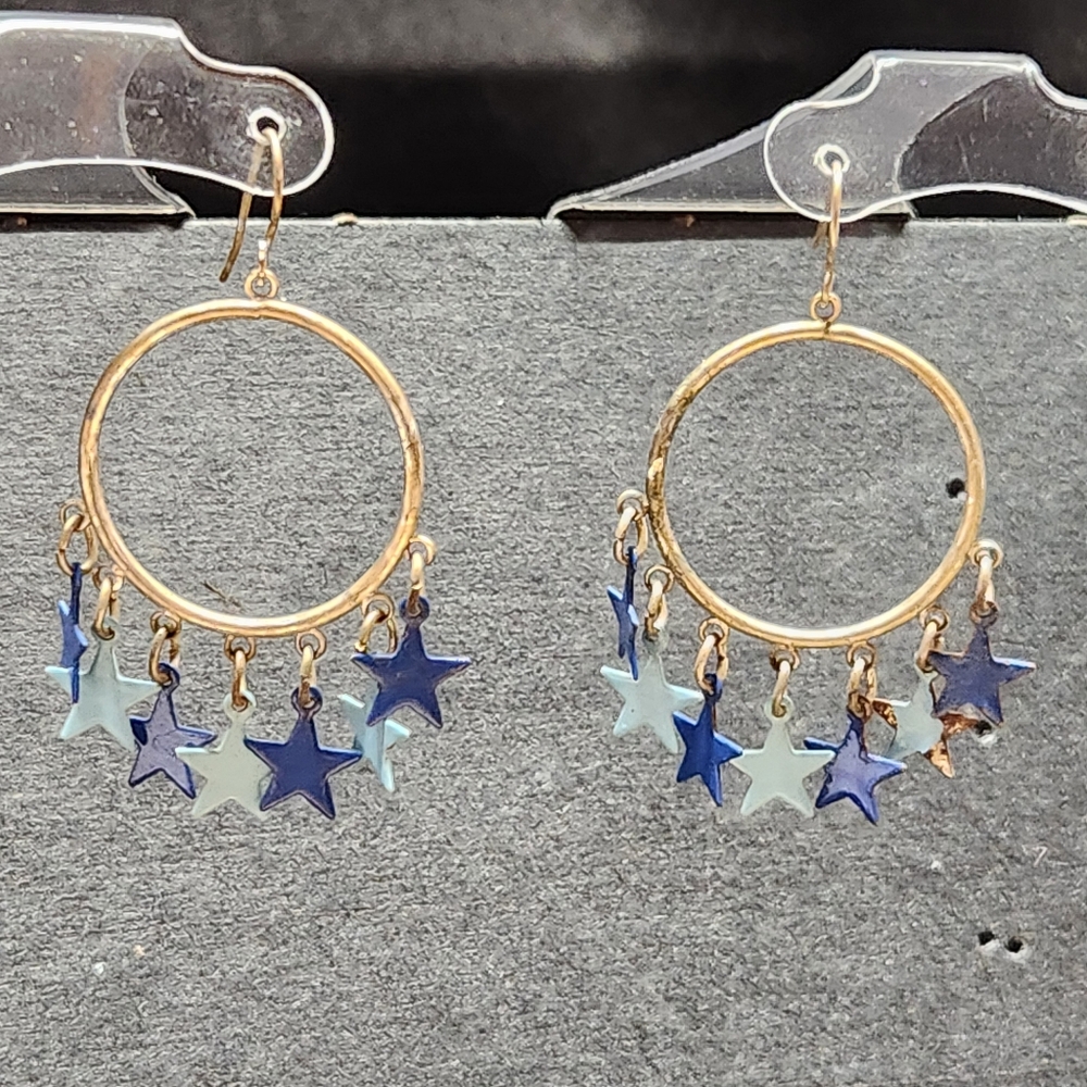 Boho Blue Star Charm Hoop Earrings - Gold Tone Celestial Dangle Hoops
